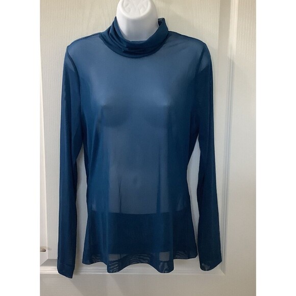 White House Black Market Mesh Top M Turtleneck Sheer Mallard Blue Rave Disco 90s - Picture 1 of 8